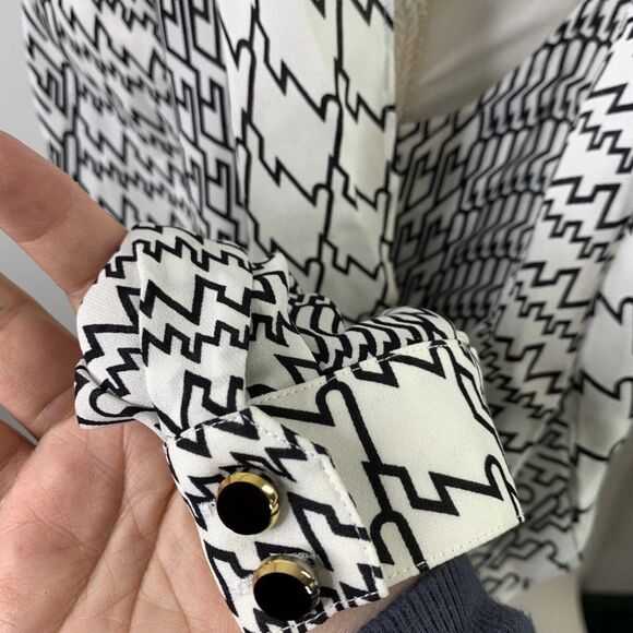 Kenzo Paris Silk Shirt Sz 36 XS Black White Geometric Print Open Long Sleeve - Picture 7 of 11